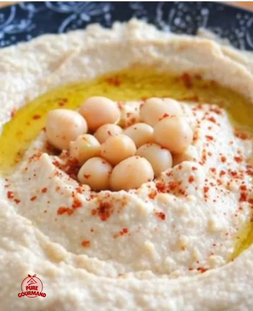Bowl of creamy hummus garnished with olive oil and paprika on a wooden table.