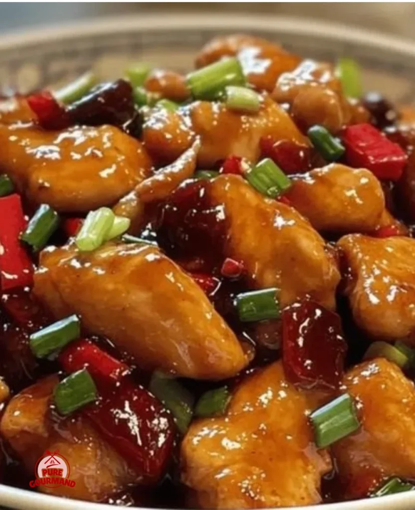Plate of delicious Hunan Chicken with colorful vegetables and spices