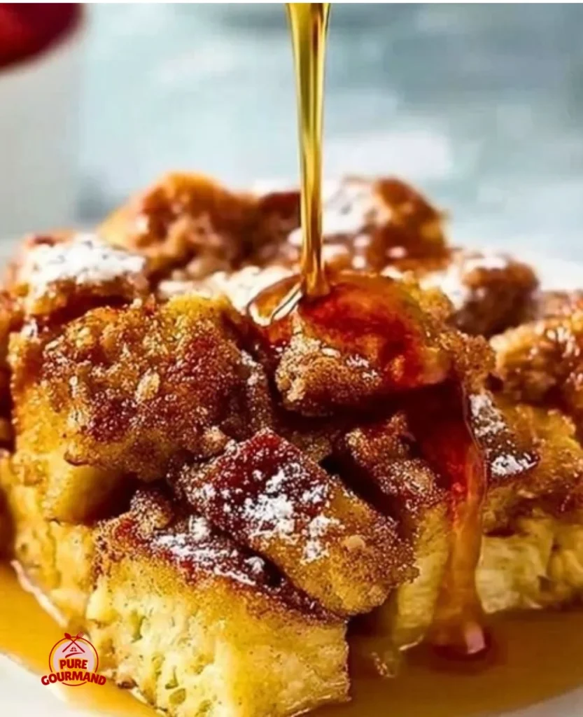 Delicious French Toast Casserole served with syrup and berries