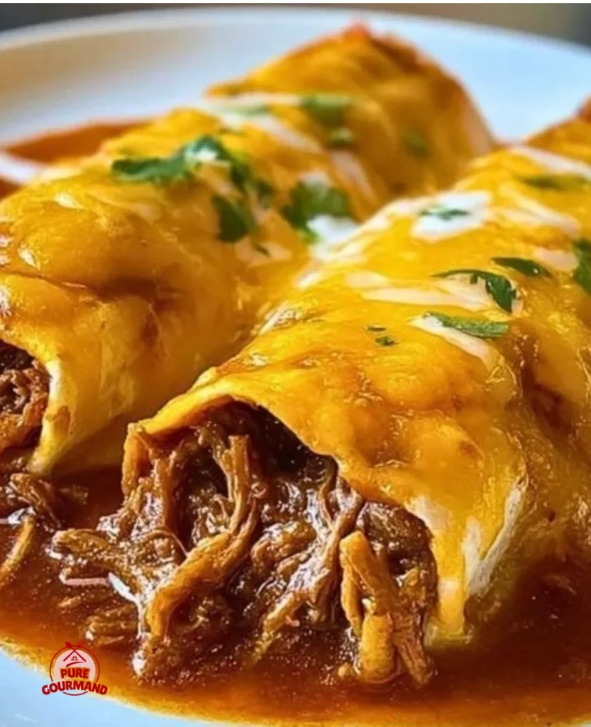 Plate of irresistible shredded beef enchiladas topped with cheese and cilantro