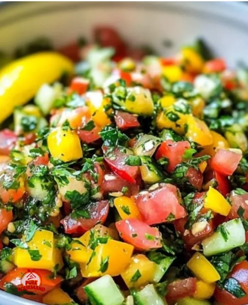 A vibrant serving of Israeli salad with diced cucumbers, tomatoes, and herbs.