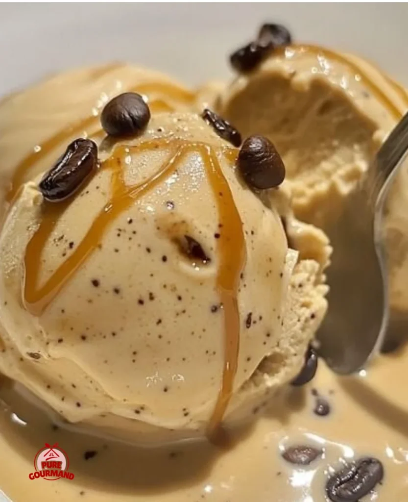 Bowl of creamy Italian coffee gelato topped with coffee beans.