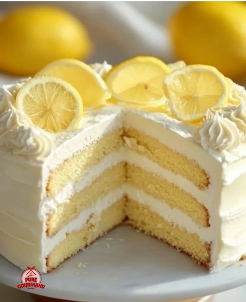 Slice of Italian Lemon Cream Cake topped with lemon zest and cream