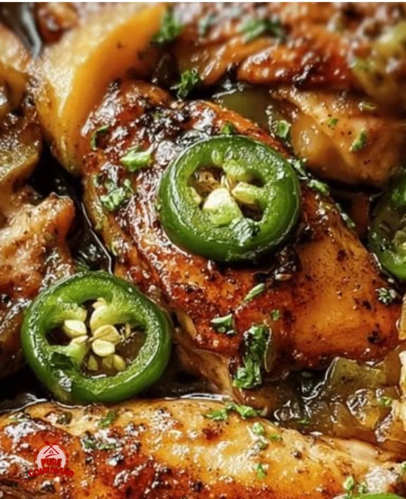 Delicious Jalapeño Peach Chicken dish with vibrant colors and garnishes.