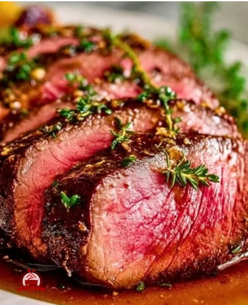 Juicy top round roast ready to be served with herbs and spices