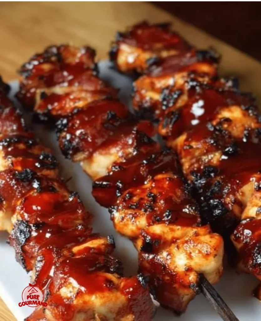Juicy bourbon bacon BBQ chicken kebabs, grilled to perfection.