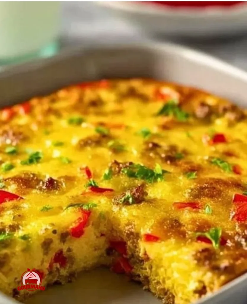 Juicy crustless sausage and pepper quiche served on a brunch table.