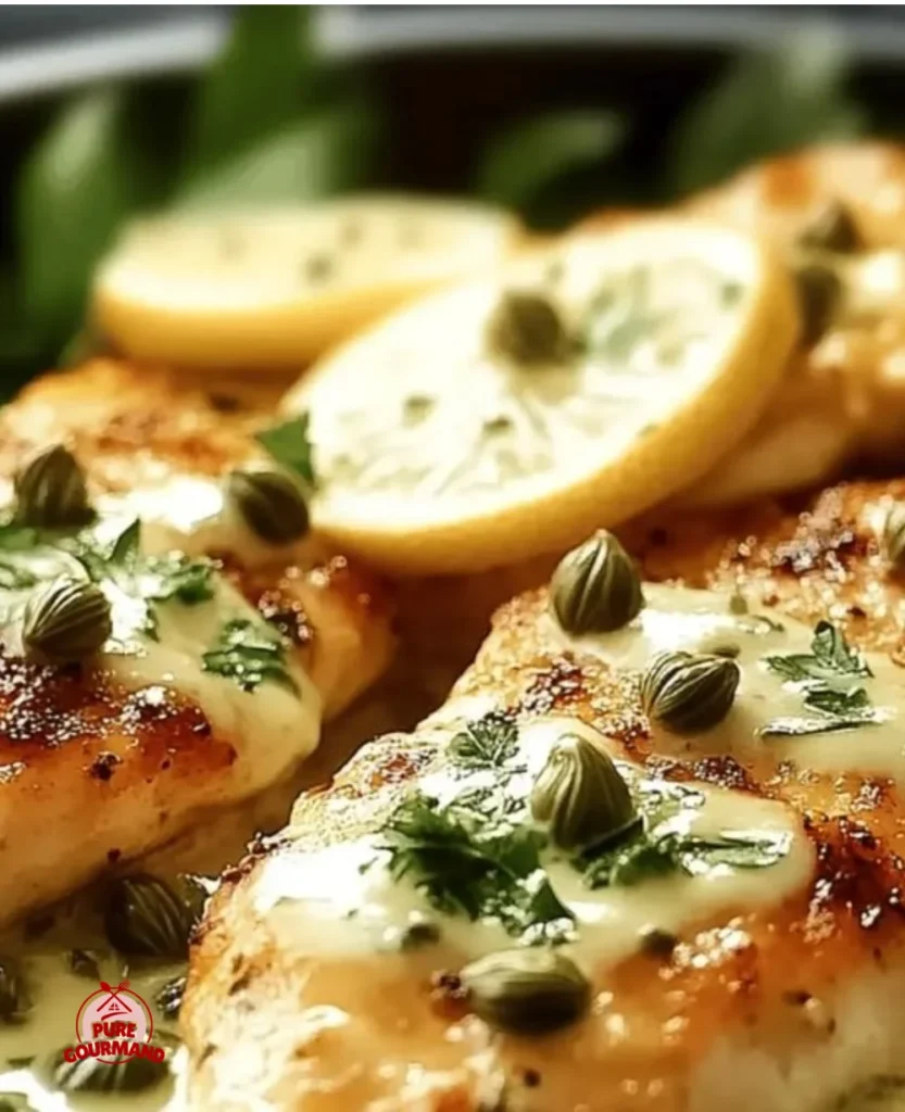 Juicy lemon caper chicken garnished with fresh herbs and lemon slices
