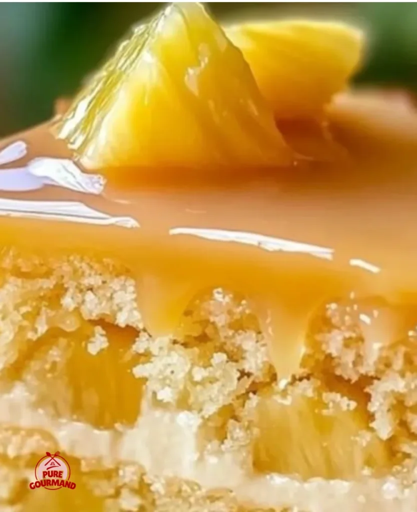 Slice of Juicy Pineapple Heaven Cake with vibrant pineapple and creamy frosting