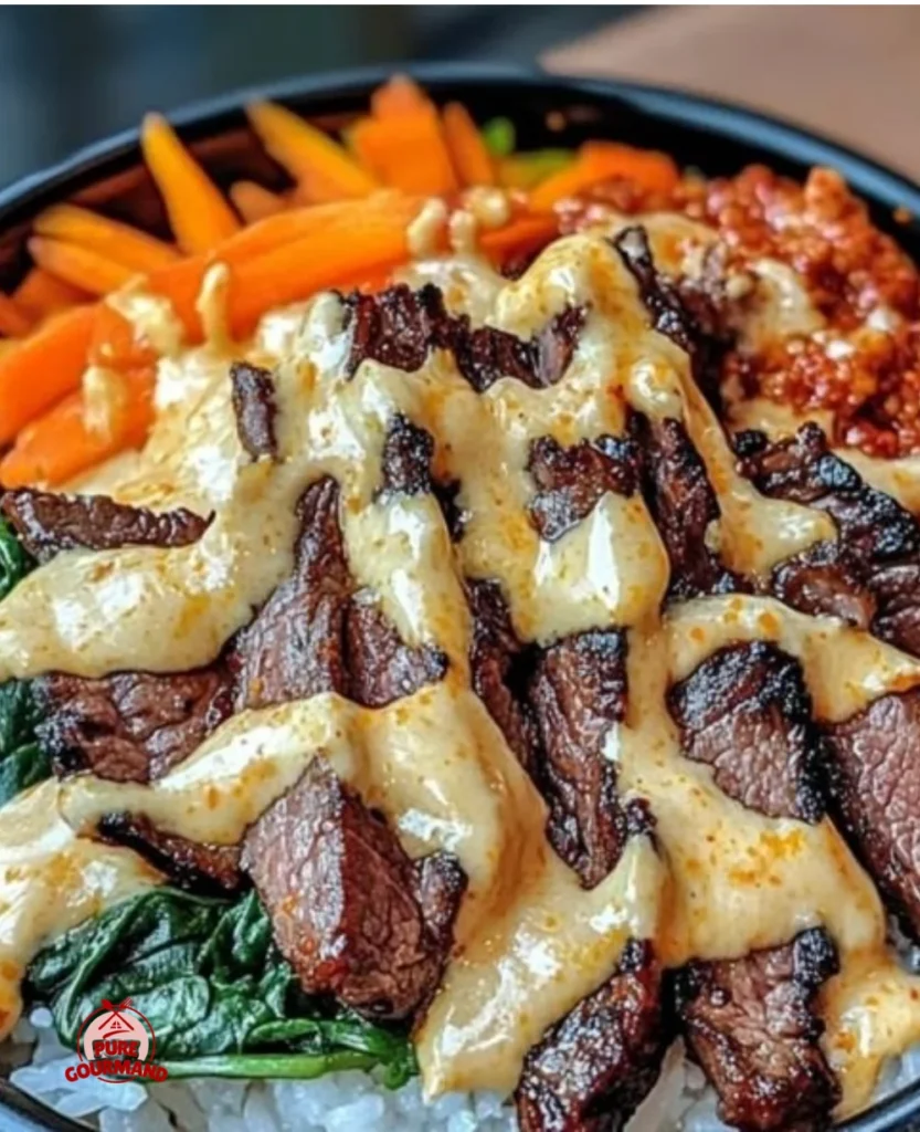 Delicious Korean Beef Bibimbap in a vibrant bowl topped with vegetables and egg.