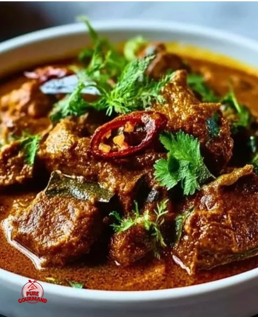 Delicious bowl of aromatic lamb curry with spices and herbs