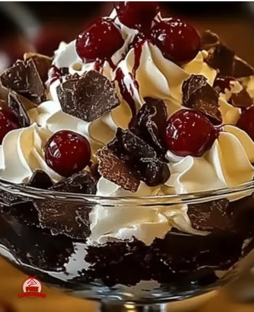 Cozy Black Forest Trifle with layers of cherries and chocolate cream