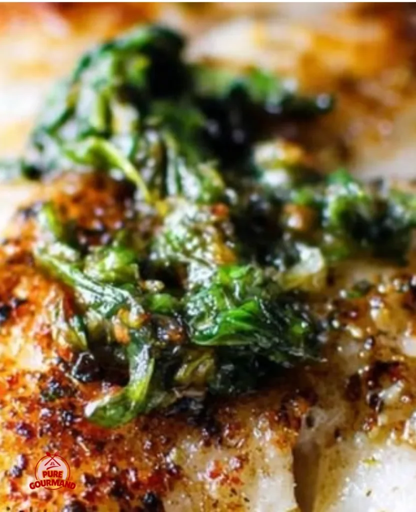 Lemon butter pan-seared grouper served with fresh herbs and lemon slices.