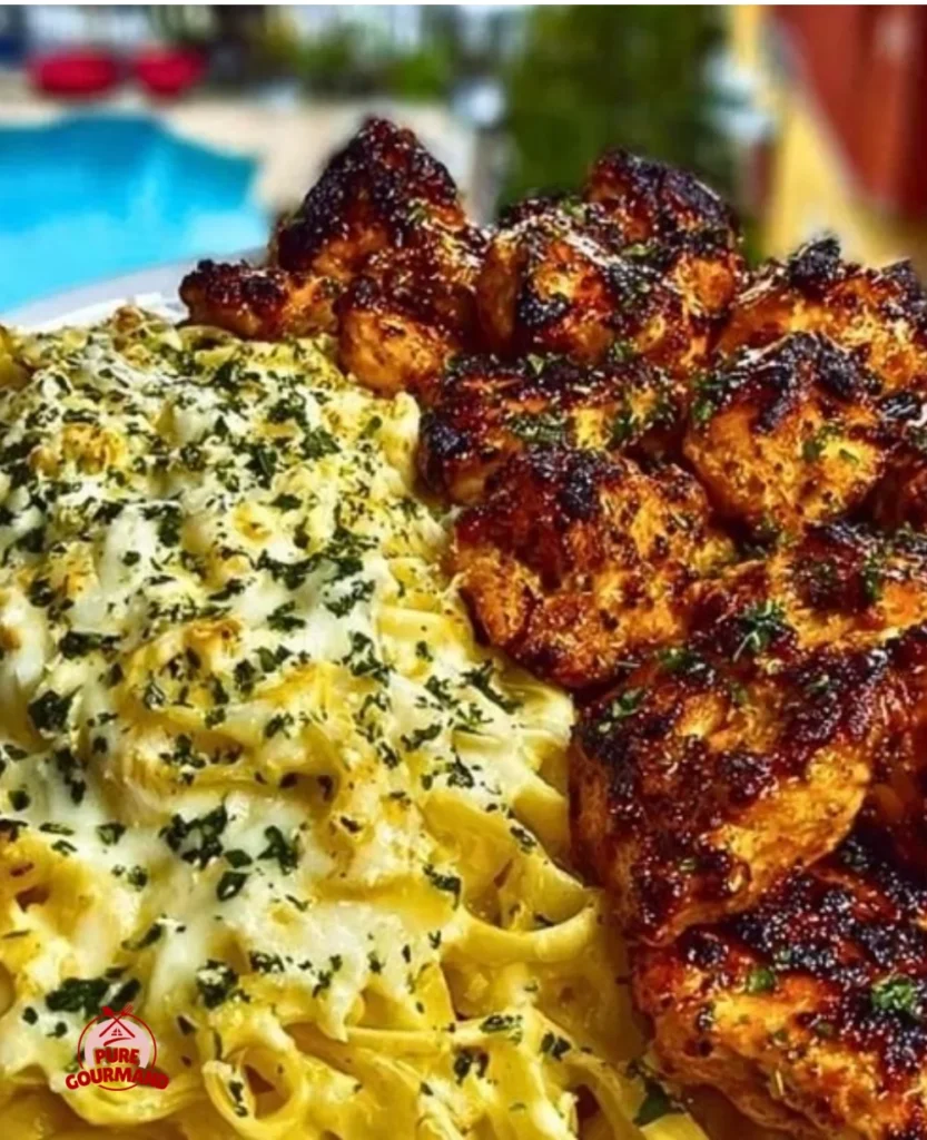 Lemon Garlic Butter Chicken Bites served on a plate with Parmesan Linguine