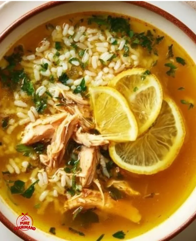 Lemon Ginger Turmeric Chicken and Rice Soup in a cozy bowl