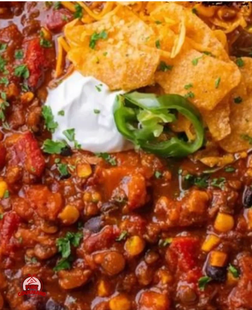 Bowl of hearty Lentil Chili with fresh herbs and spices