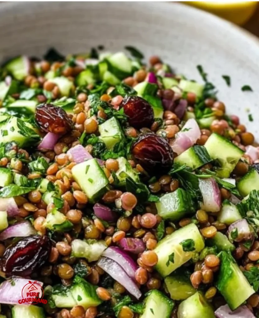 A vibrant lentil salad with fresh vegetables and a tangy dressing