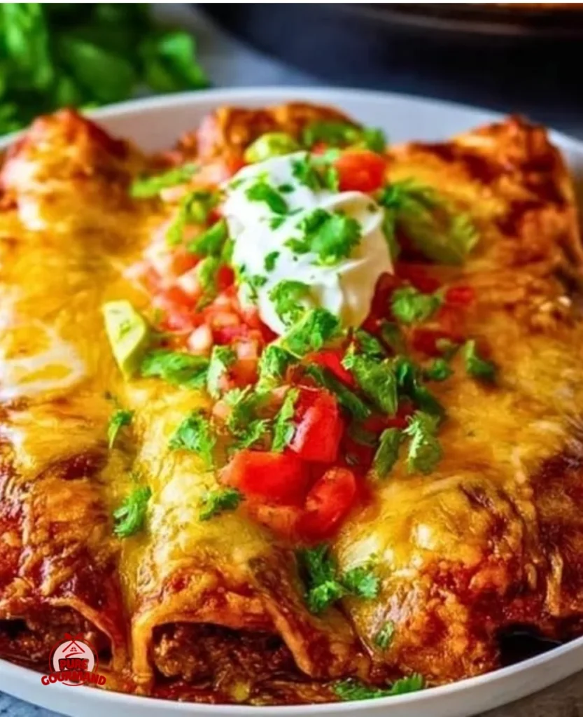 Delicious loaded smothered beef burritos garnished with fresh toppings