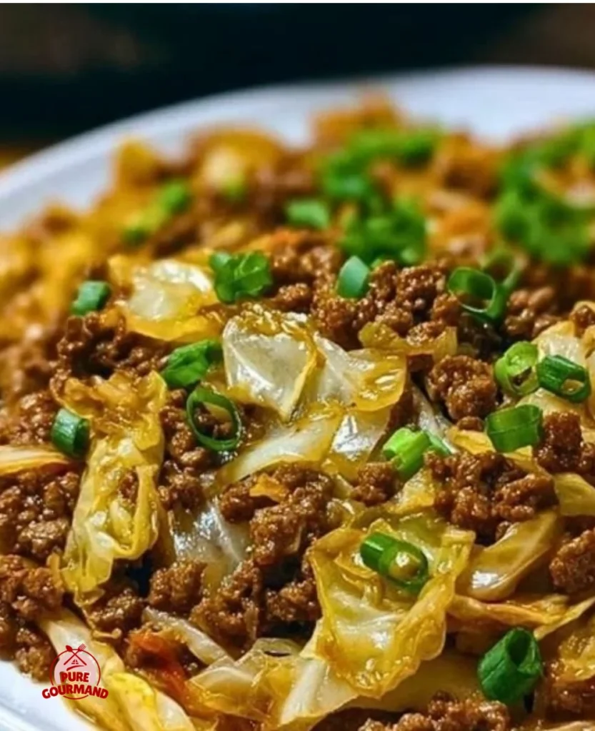 Low-Carb Mongolian Ground Beef and Cabbage stir-fry served in a bowl.