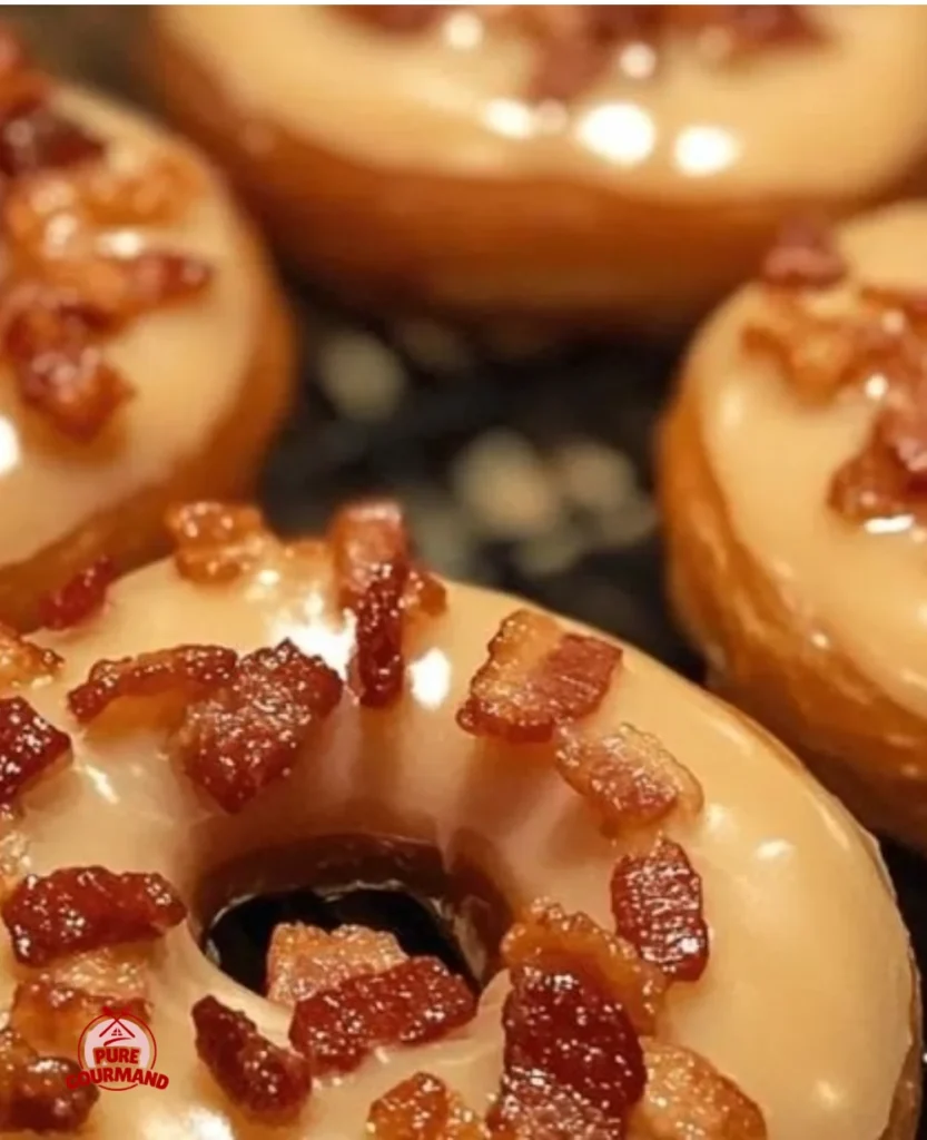 Delicious Maple Bacon Doughnuts topped with crispy bacon and drizzled with maple glaze.