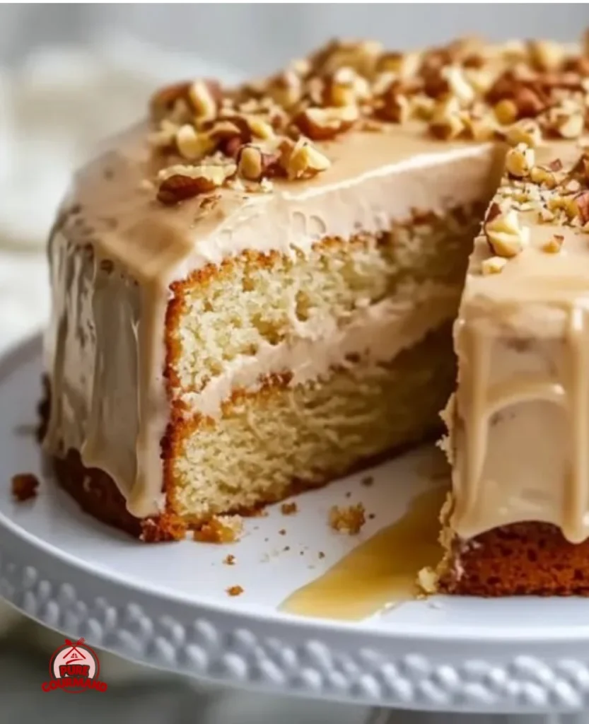 Delicious Maple Cream Cake topped with maple frosting and decorative leaves.