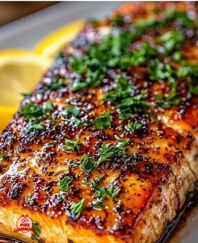 Delicious Maple Dijon Baked Salmon garnished with herbs on a plate