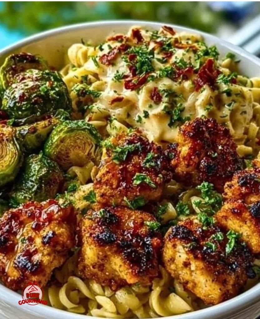 Delicious Maple Garlic Chicken with Cajun Alfredo Pasta and Roasted Brussels Sprouts