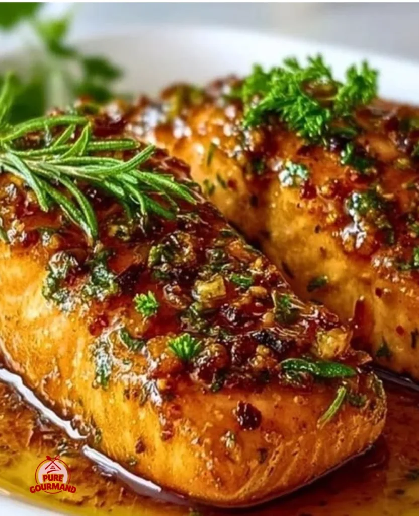 Maple glazed baked salmon on a plate garnished with herbs