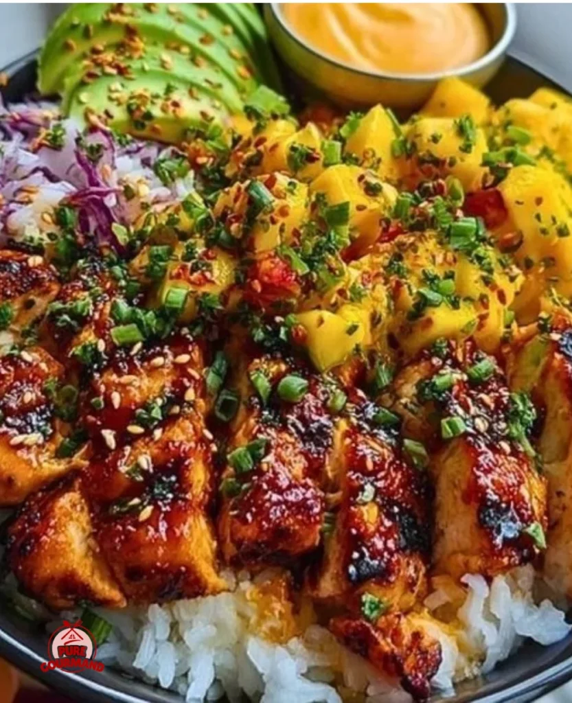 Maple Sriracha Chicken Bowl garnished with fresh herbs and served in a cozy setting