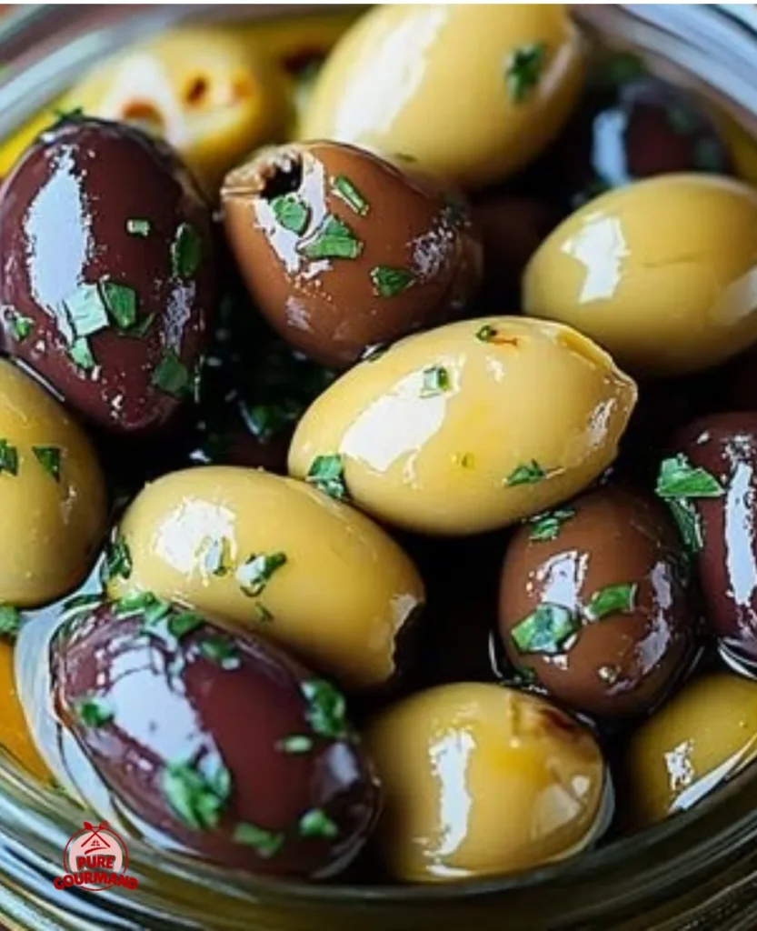 A bowl of flavorful marinated olives garnished with herbs and spices