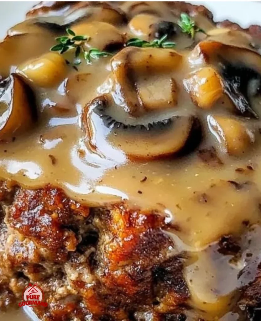 Homemade meatloaf topped with rich mushroom gravy served on a plate