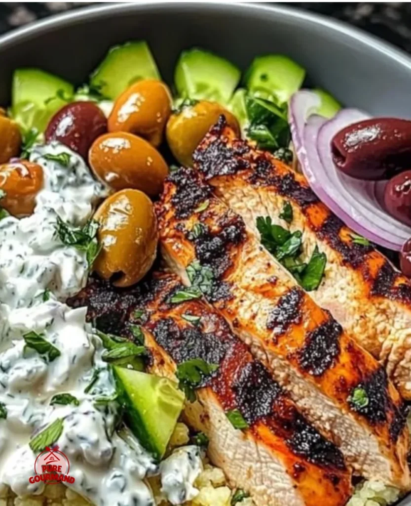 Delicious Mediterranean chicken bowl with fresh vegetables and grains