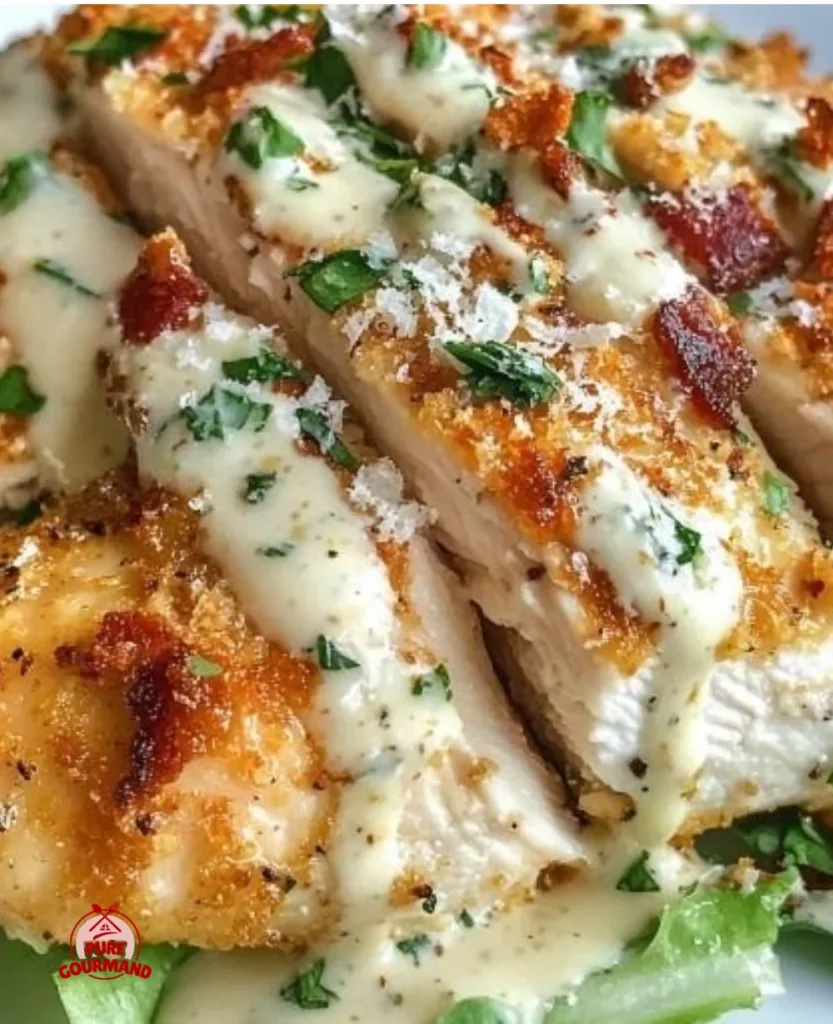 Delicious Melt In Your Mouth Caesar Chicken served with romaine and dressing