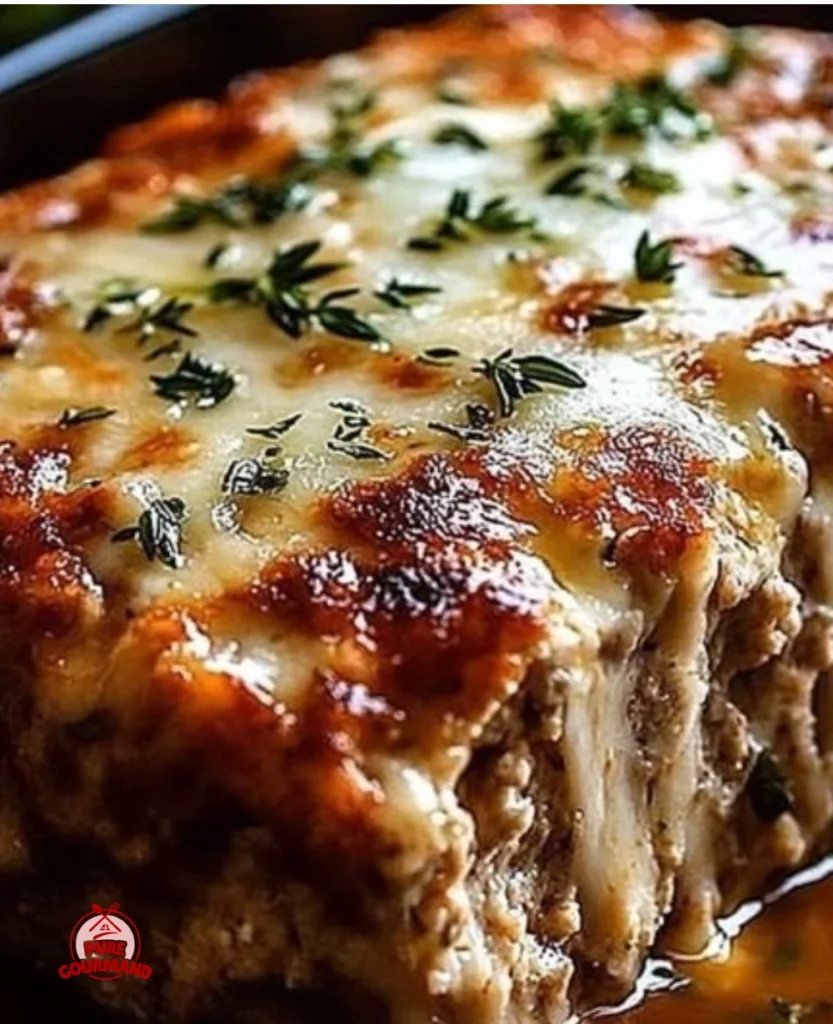 Melt-in-your-mouth garlic parmesan chicken meatloaf served on a plate
