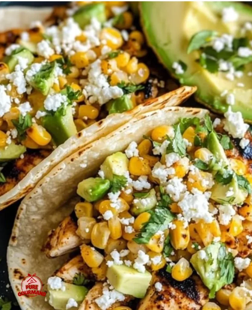 Delicious Mexican street corn chicken tacos topped with creamy sauce