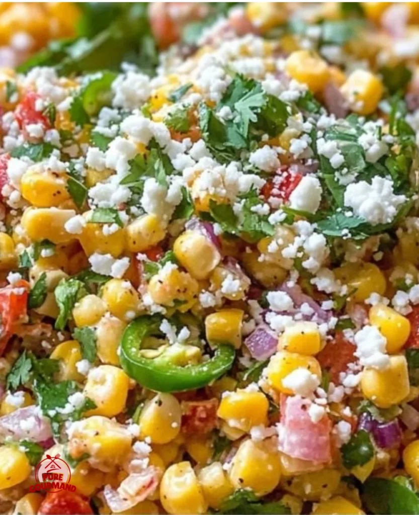 Creamy Mexican street corn salad topped with cheese and spices.