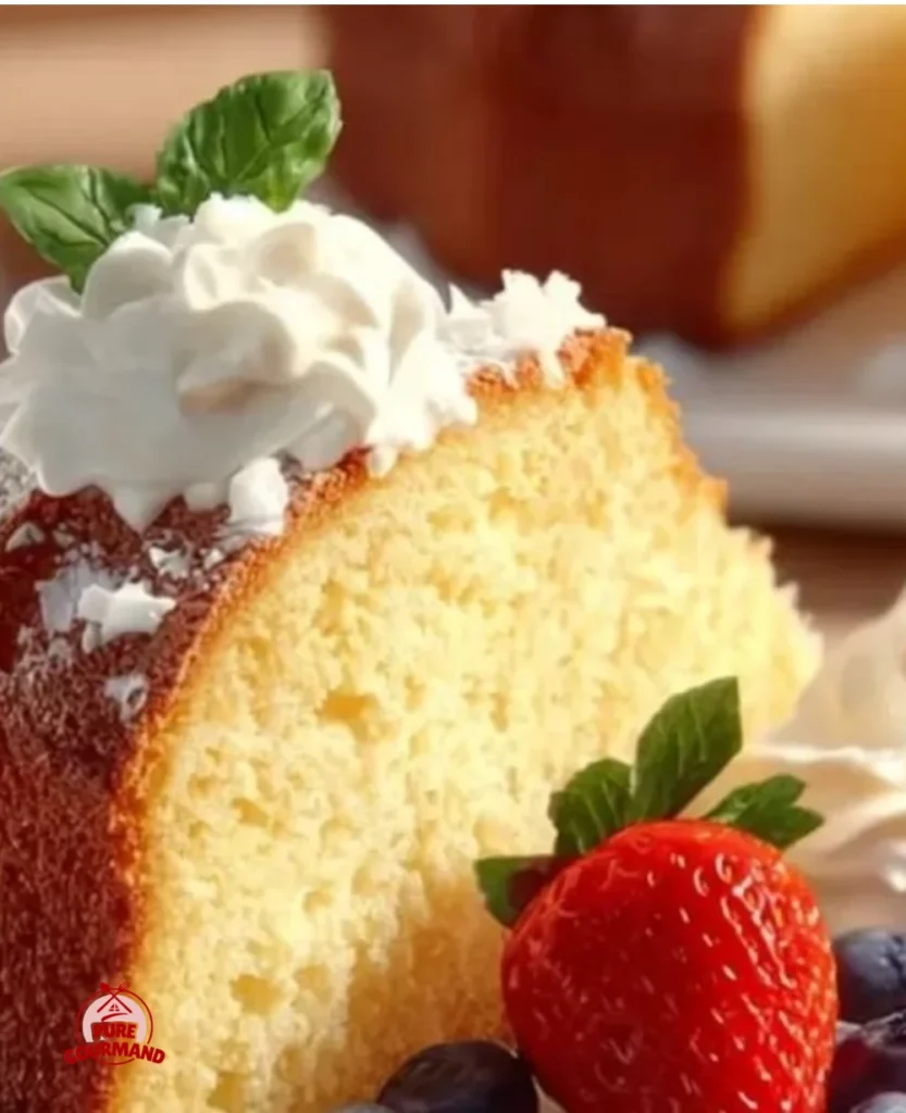 Slice of Million Dollar Pound Cake on a plate, showcasing its rich, velvety texture.