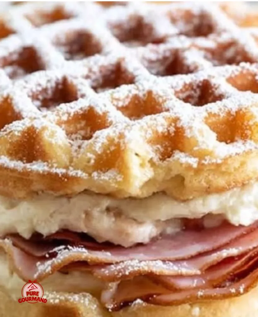 Monte Cristo waffle sandwiches with ham, turkey, and cheese