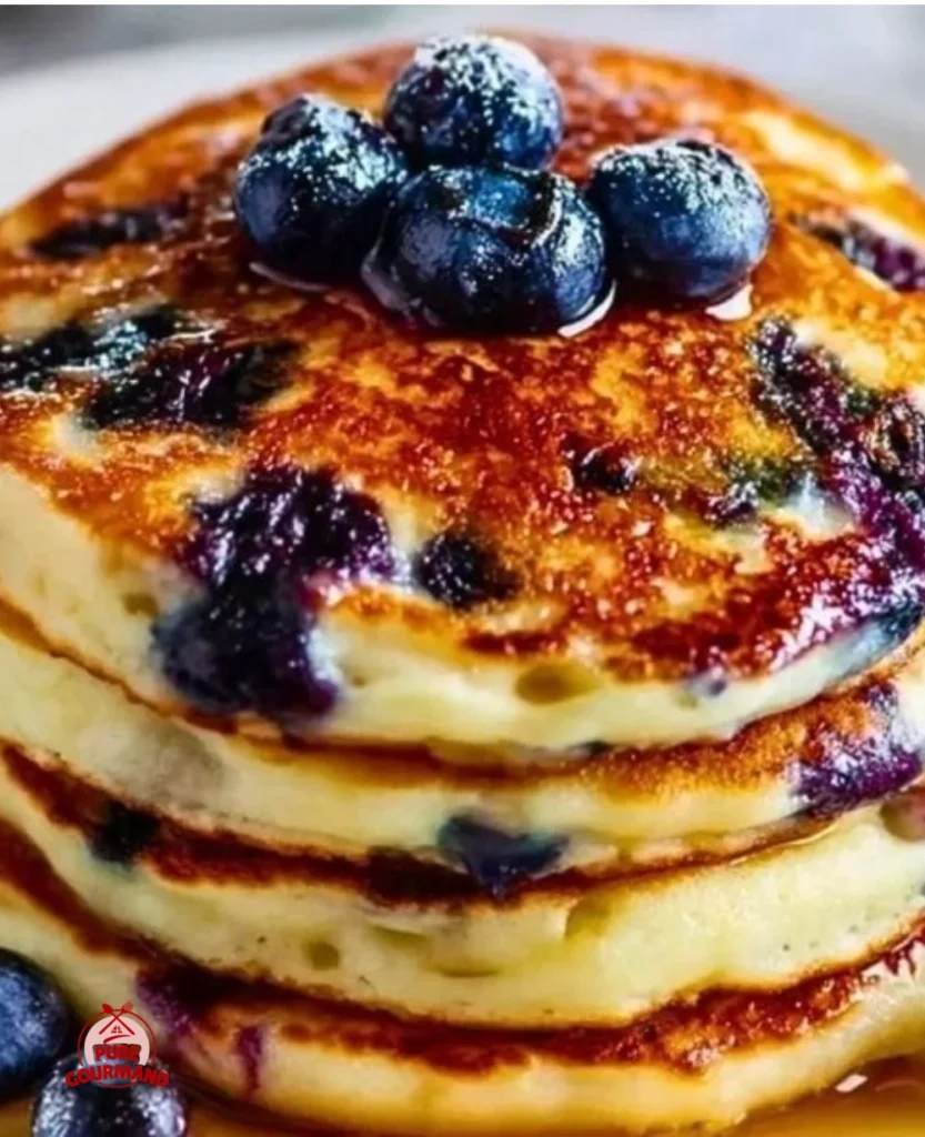 Delicious morning sunshine blueberry pancakes stacked on a plate