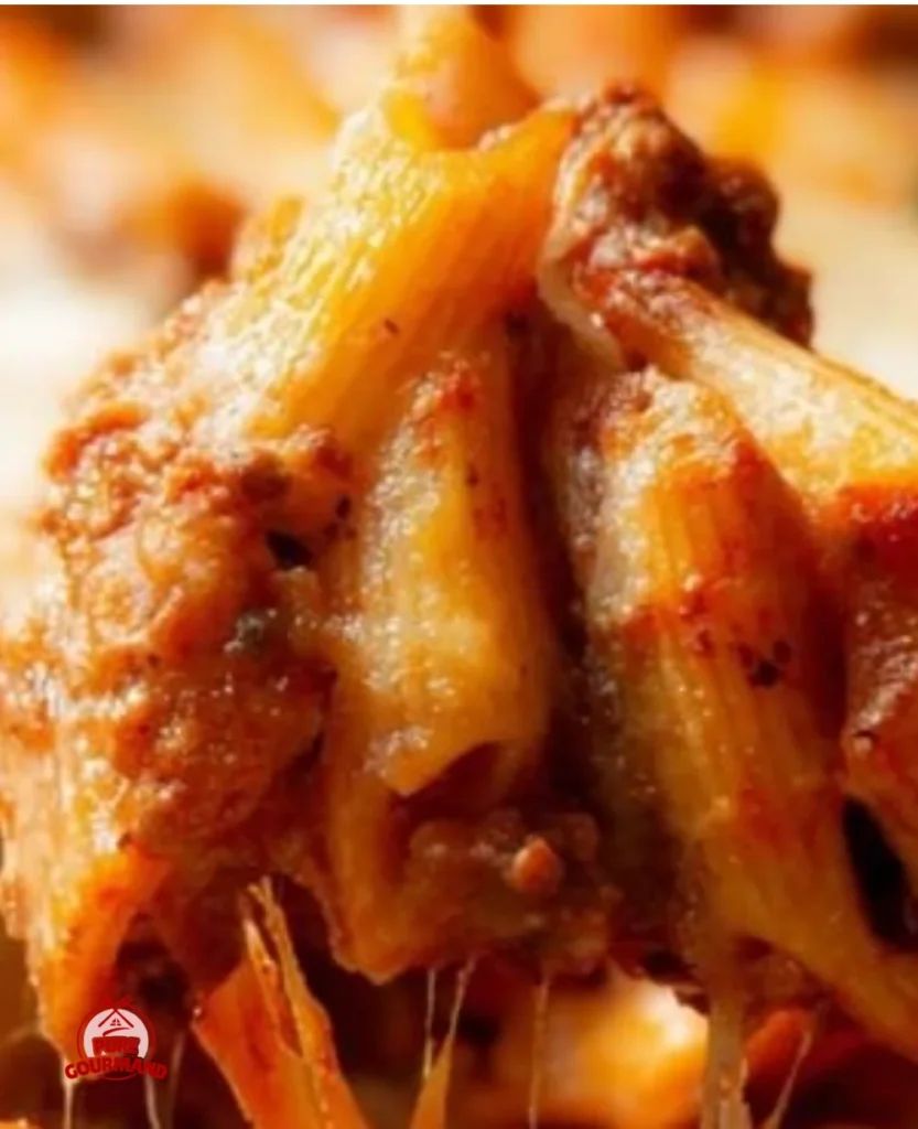 A delicious serving of Mostaccioli pasta with tomato sauce and herbs