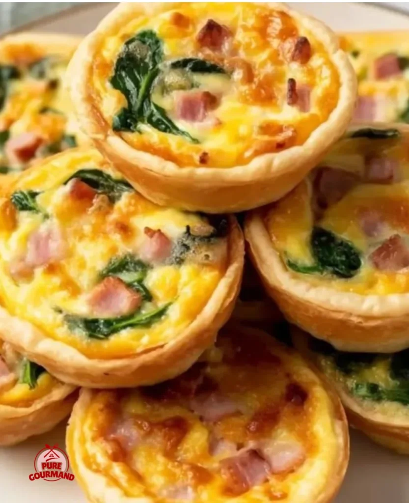 Muffin tin mini quiche filled with vegetables and cheese, perfect for brunch.