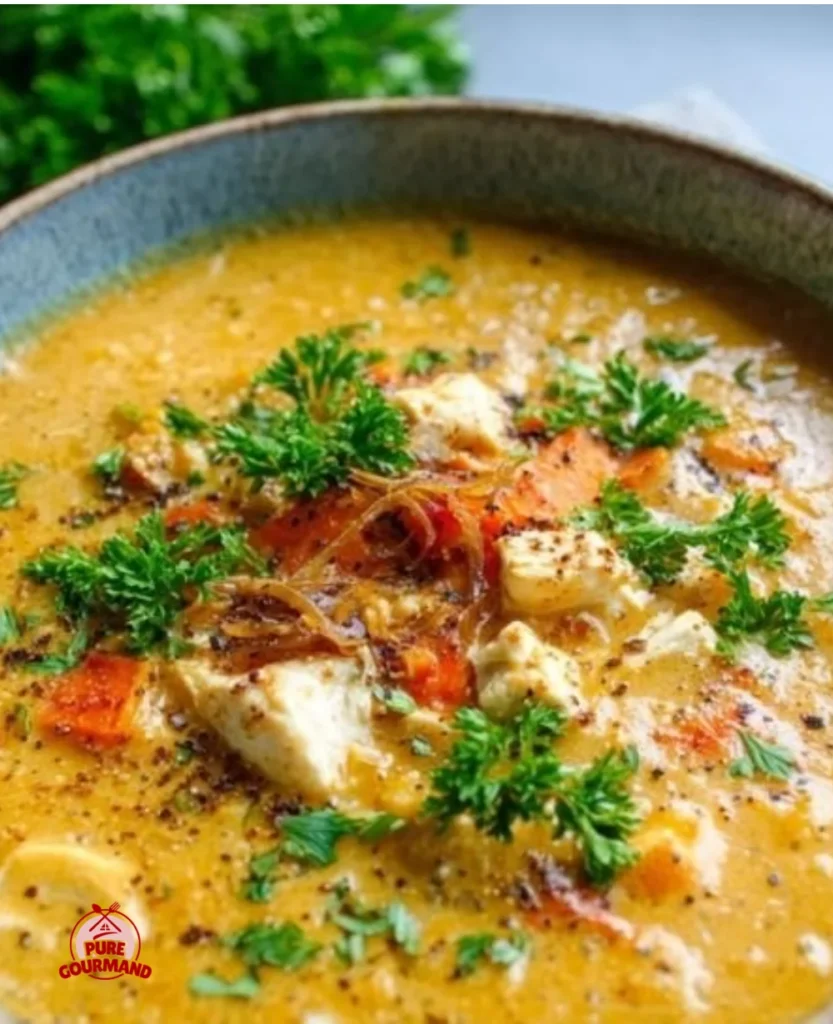 Bowl of delicious Mulligatawny Soup with spices and vegetables
