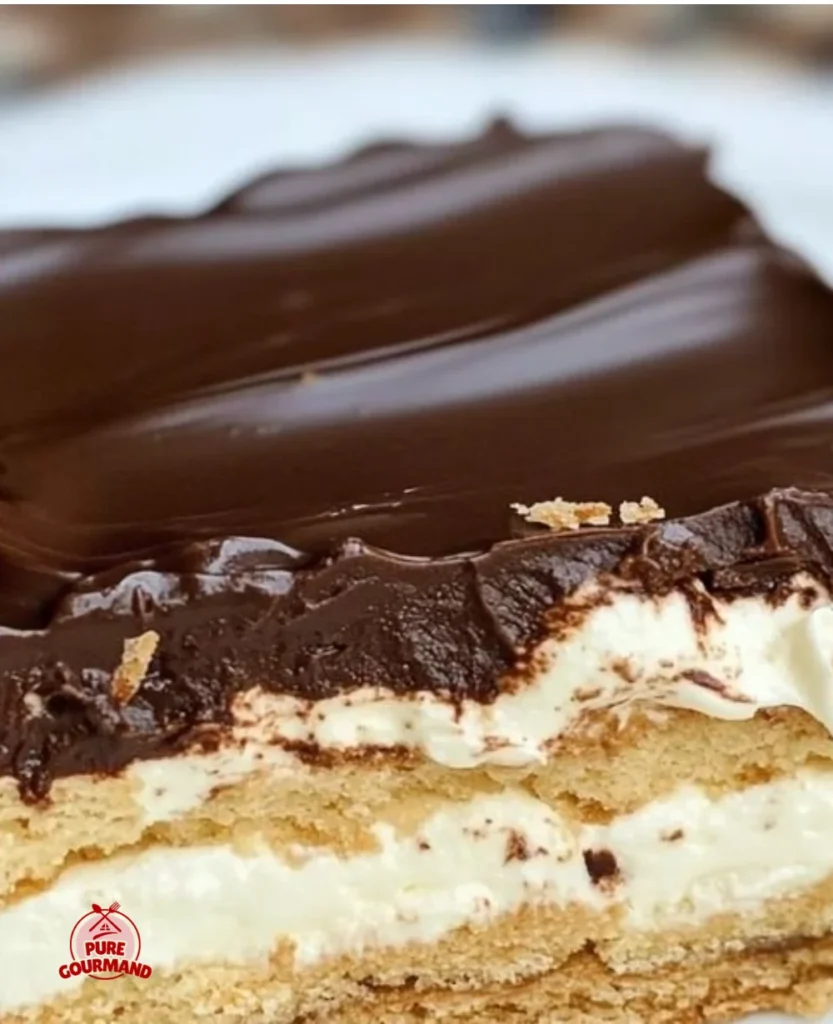 Delicious no-bake chocolate eclair cake topped with chocolate and cream layers