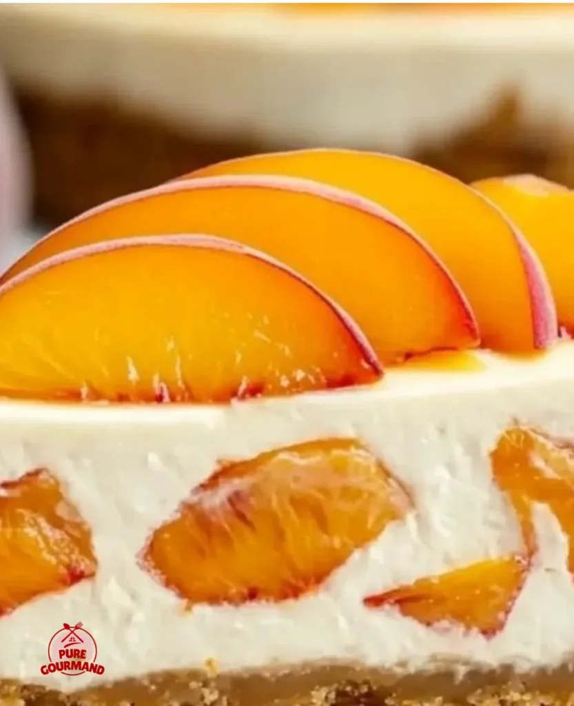 No-bake peach cheesecake topped with fresh peach slices