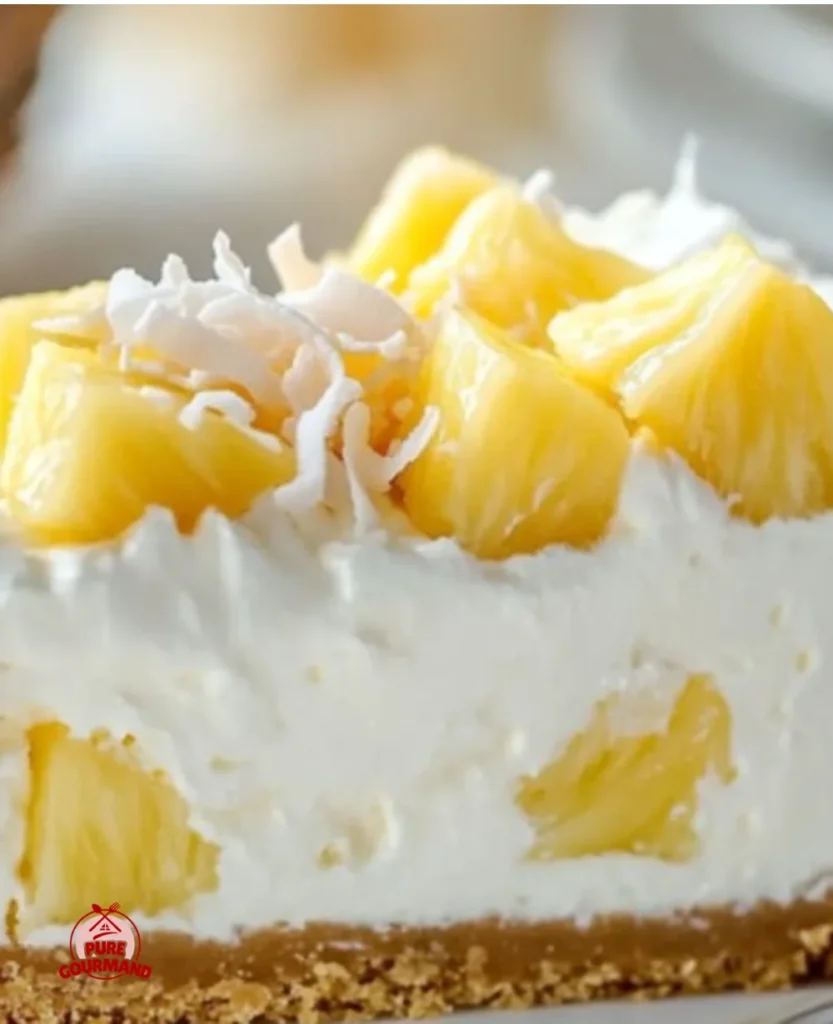 Delicious no-bake pineapple cream dessert in a glass dish topped with fresh pineapple.