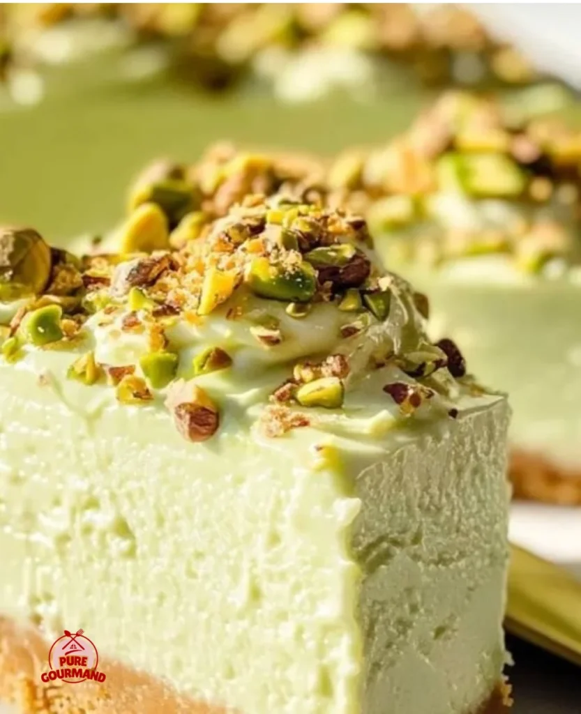 Delicious no bake pistachio cheesecake topped with crushed pistachios.