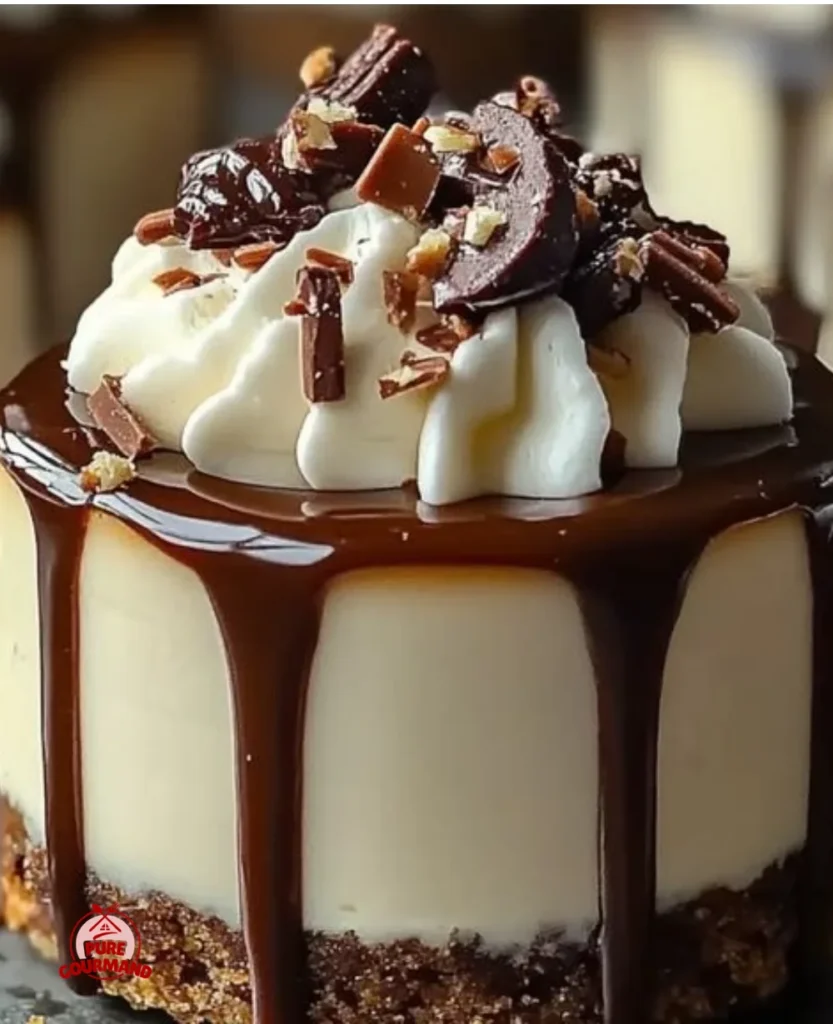 Delicious no-bake turtle mini cheesecake topped with chocolate and caramel