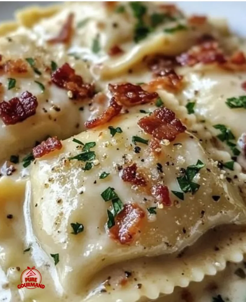 Delicious Olive Garden Ravioli Carbonara with creamy sauce and crispy bacon