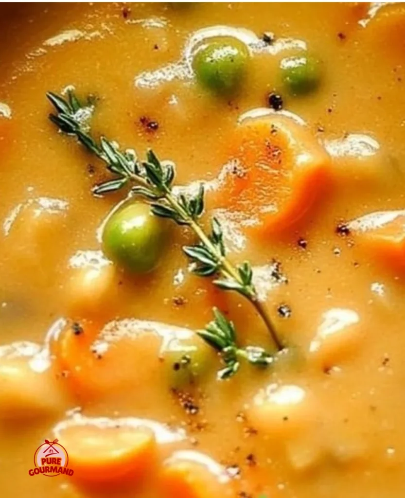 A bowl of creamy vegetable soup garnished with fresh herbs.
