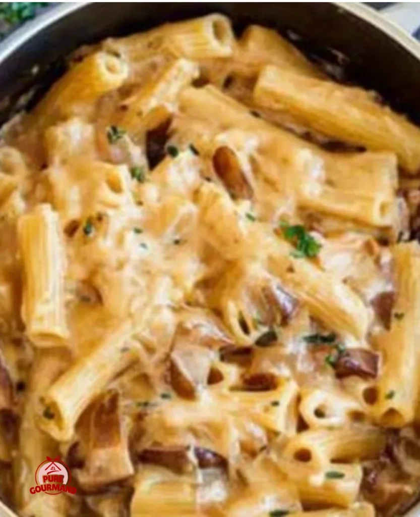 One Pot French Onion Pasta garnished and served in a bowl
